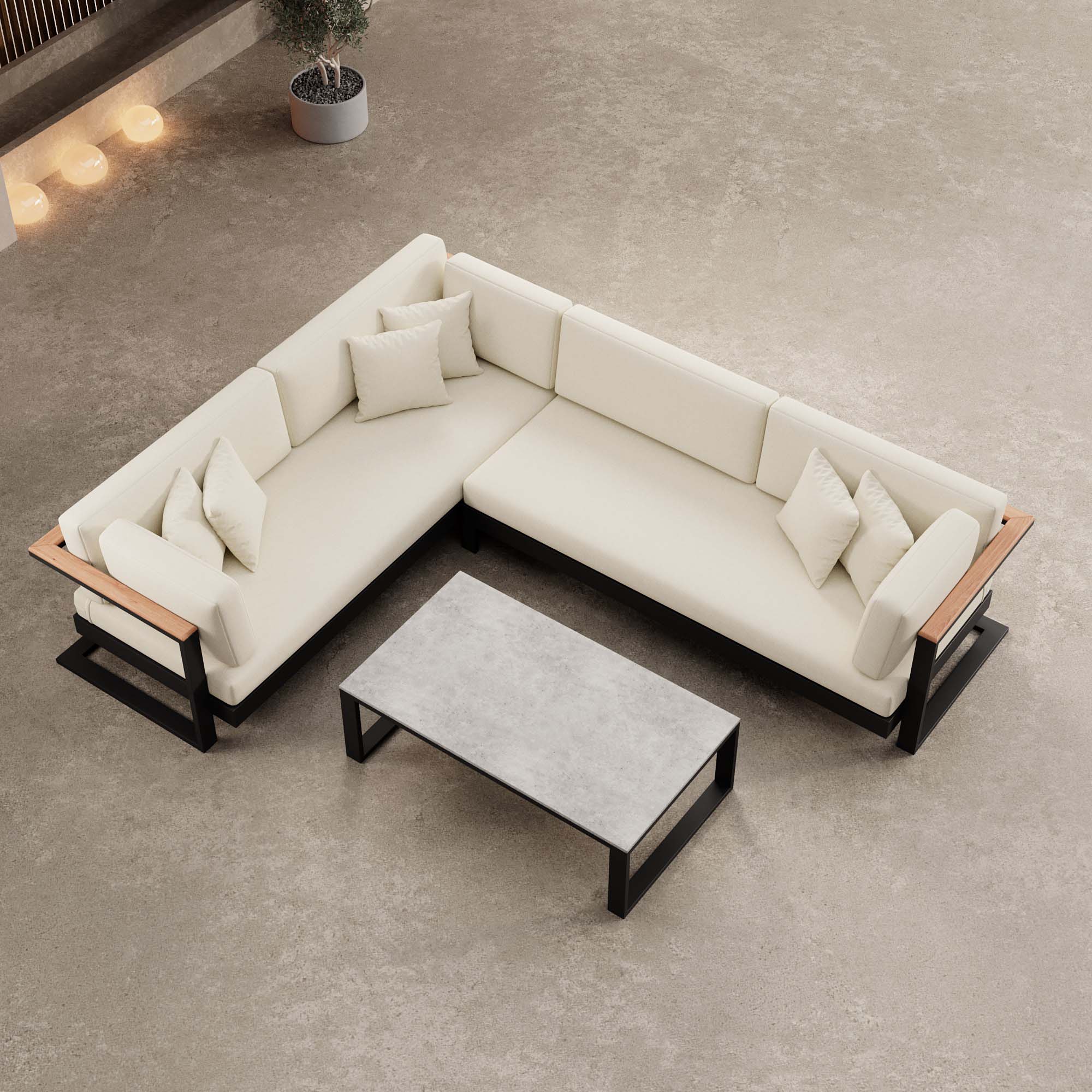 Vayla – L-Form Outdoor Sofa & Tisch in schwarzem Aluminium | Aevora™ Kollektion