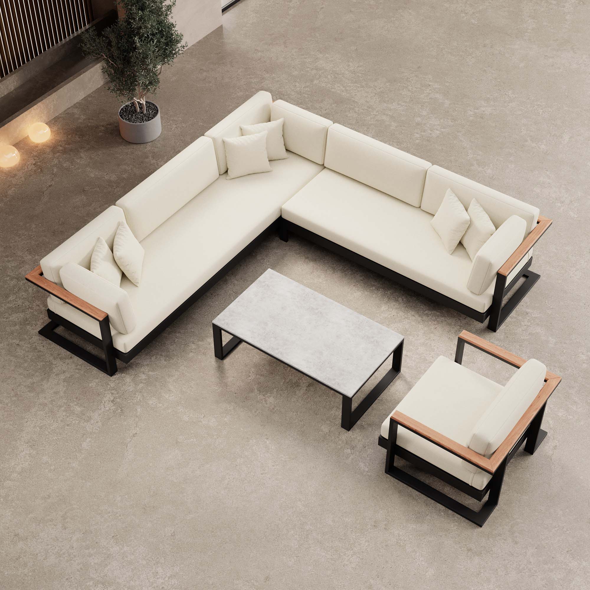 Vayla – Loungegruppe mit Ecksofa, Loungesessel & Tisch aus schwarzem Aluminium | Aevora™ Kollektion