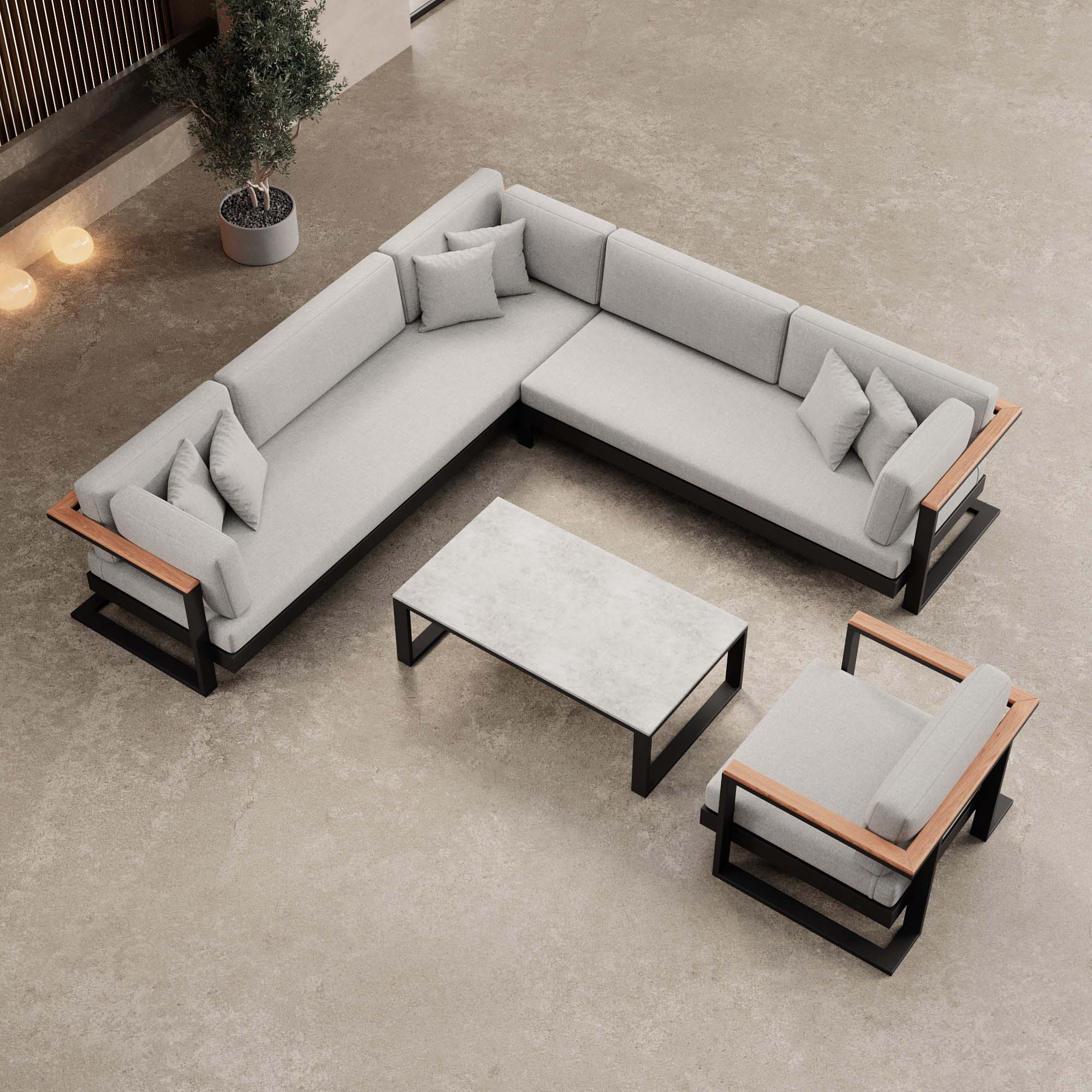 Vayla – Loungegruppe mit Ecksofa, Loungesessel & Tisch aus schwarzem Aluminium | Aevora™ Kollektion