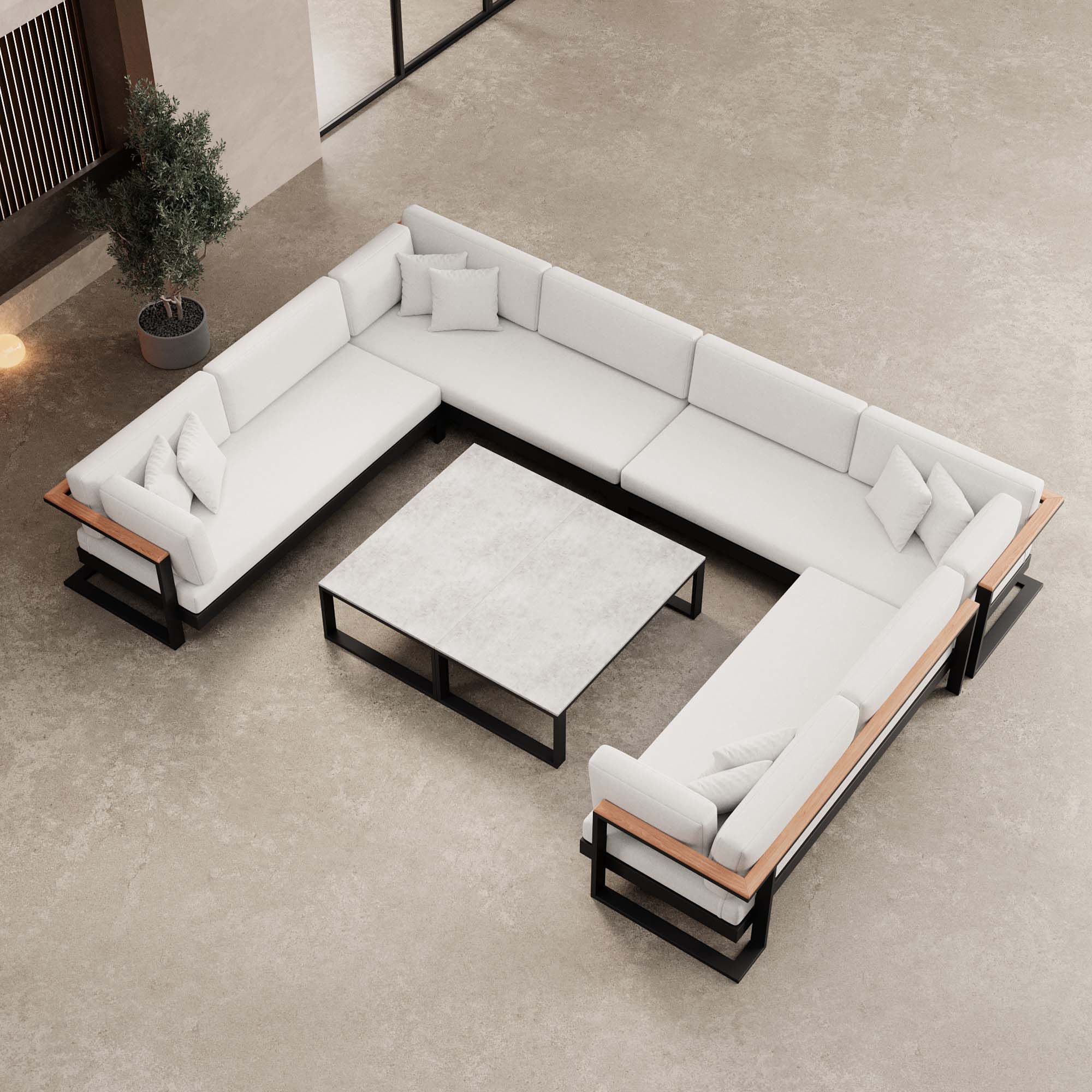 Vayla – Wohnlandschaft in U-Form mit Tisch aus schwarzem Aluminium | Aevora™ Kollektion