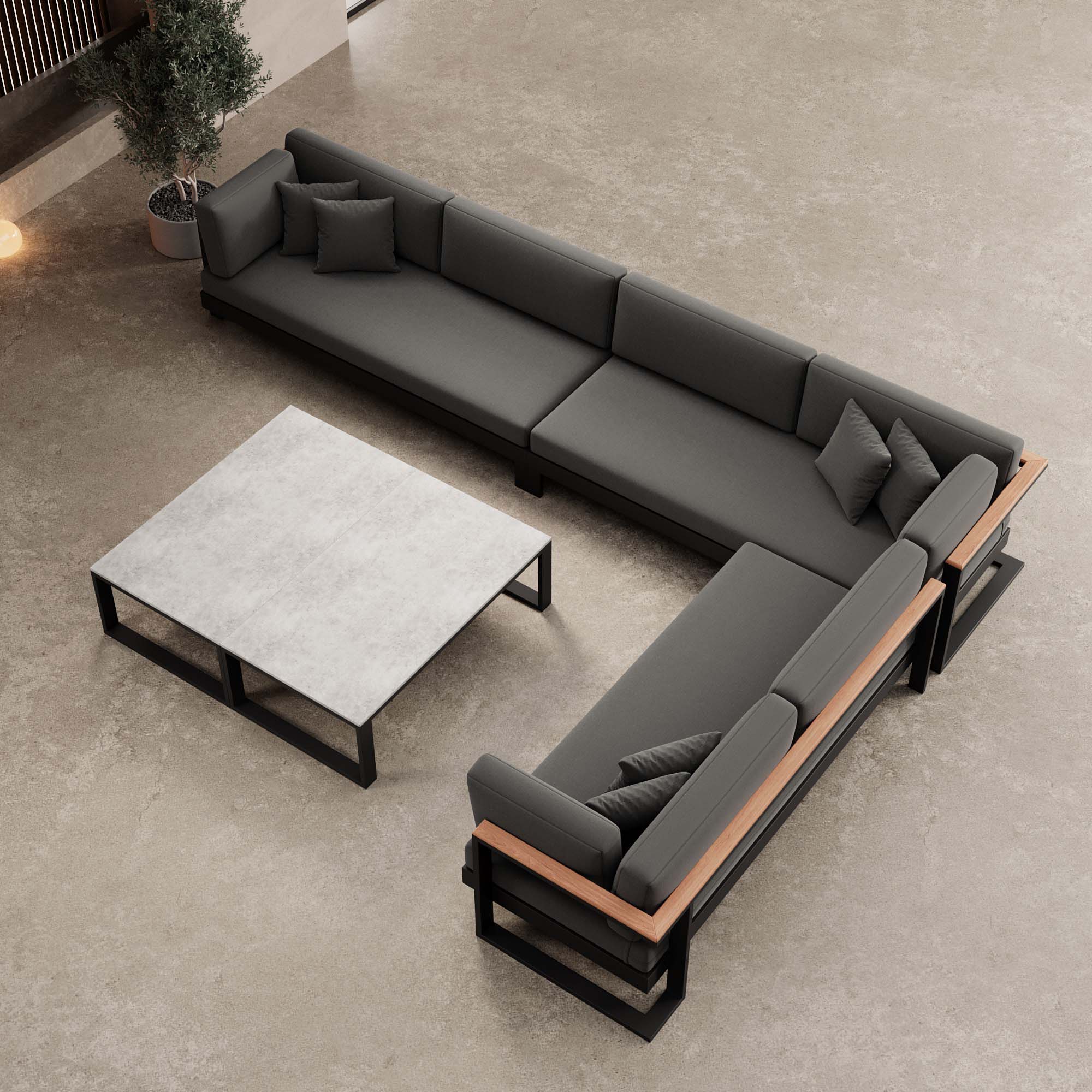 Vayla – Wohnlandschaft mit Doppeltisch & Ecksofa aus schwarzem Aluminium | Aevora™ Kollektion