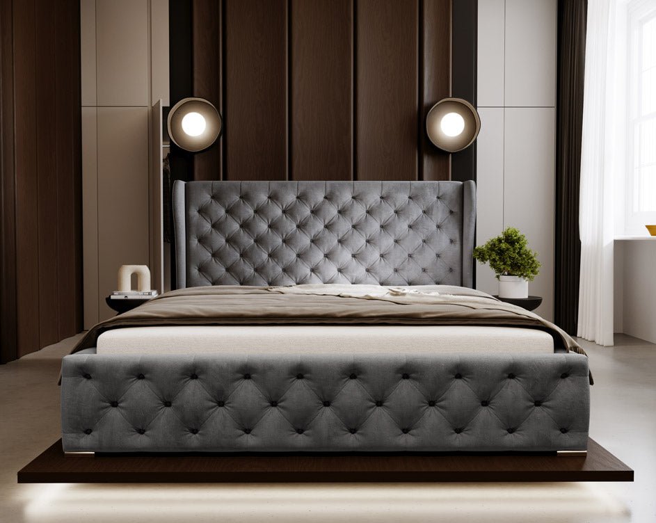 Designer Polsterbett Royal aus Samt mat Stauraum