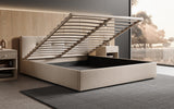 Designer Polsterbett Alva in Strukturstoff (Raven 24) in Beige – Stauraum geöffnet