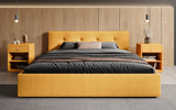 Designer Polsterbett Alva in Strukturstoff (Raven 66) in Safran – Milieu frontal