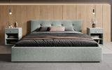 Designer Polsterbett Alva in Strukturstoff (Raven 80) in Vintage Blau – Milieu frontal