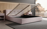 Designer Polsterbett Alva in Strukturstoff (Raven 91) in Taupe – Stauraum geöffnet