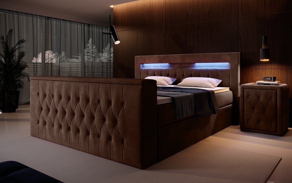 Boxspringbett Menzogna mit TV Lift, USB und Stauraum (2 Schubladen) - Luxusbetten24