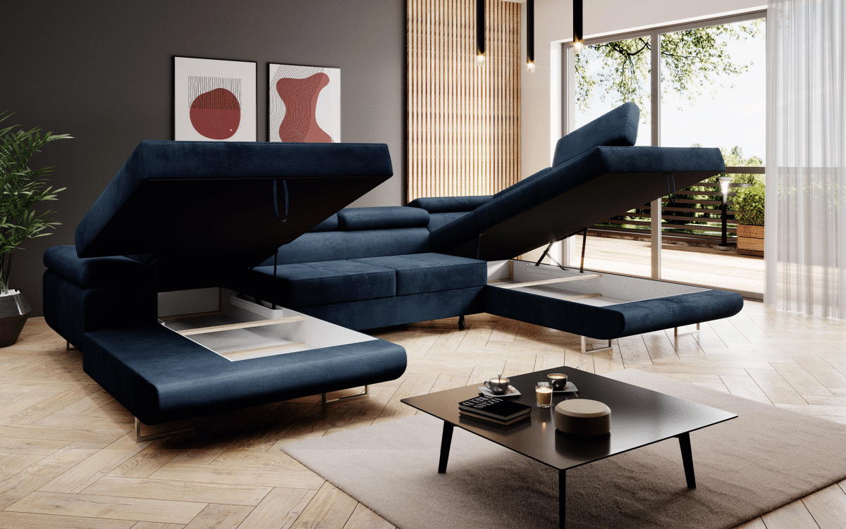 Designer Sofa Lago mat Schloof- an Zouschloof-Funktioun a Kënschtlechem Lieder