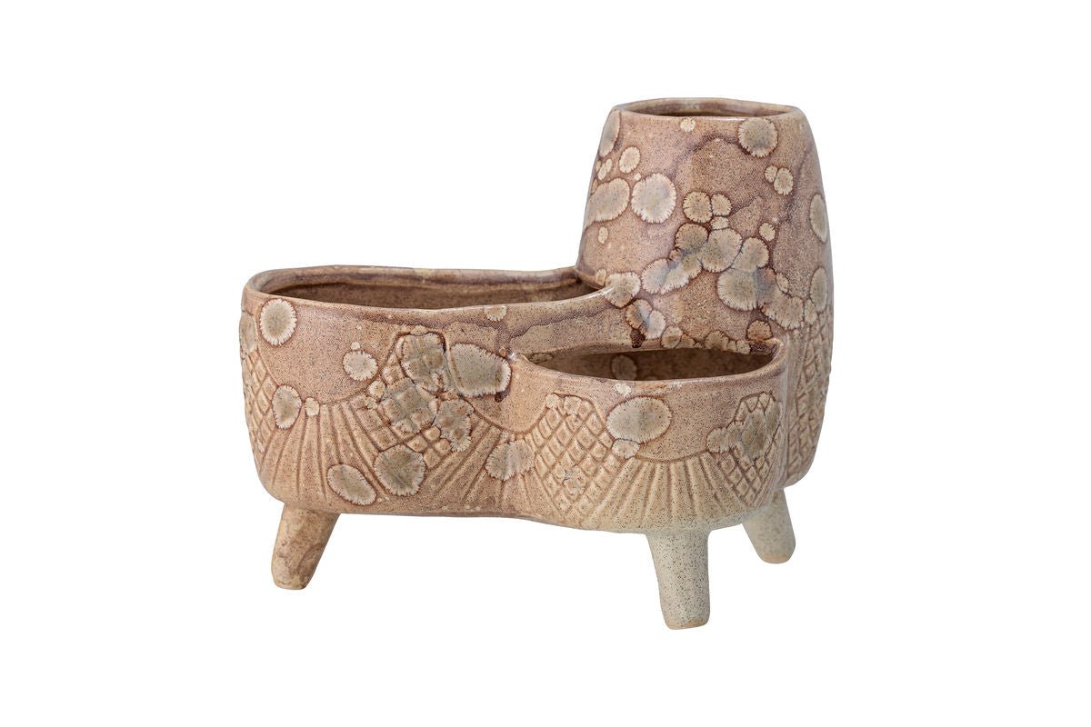 Blummepott Elsin – Dräibeineg Steingutdesign am Natierleche Ton