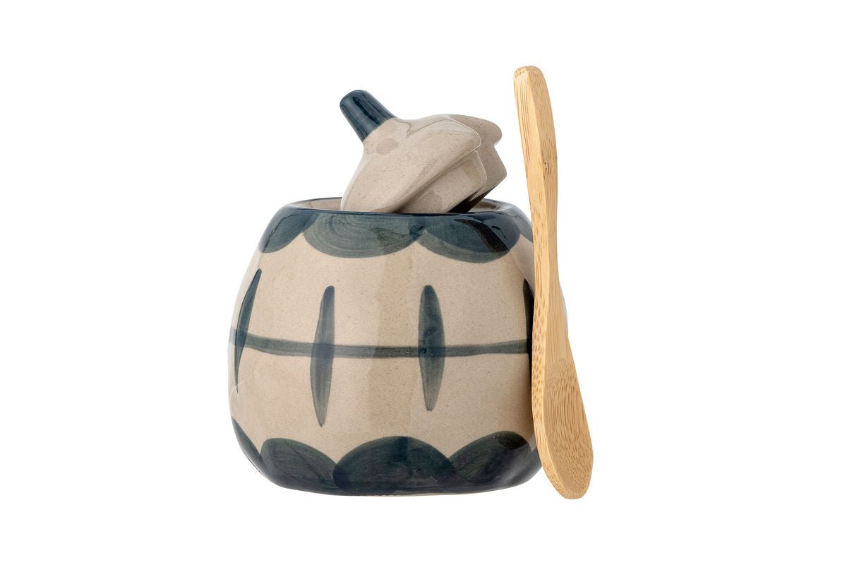 Mëllech- & Zockerset Elis – Steingutt mat handdekoréierten Muster a Blo