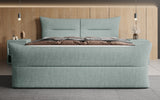 Boxspringbett Elea Leinen-Optik in Vintage Blau (Beverly 16) – Milieu frontal