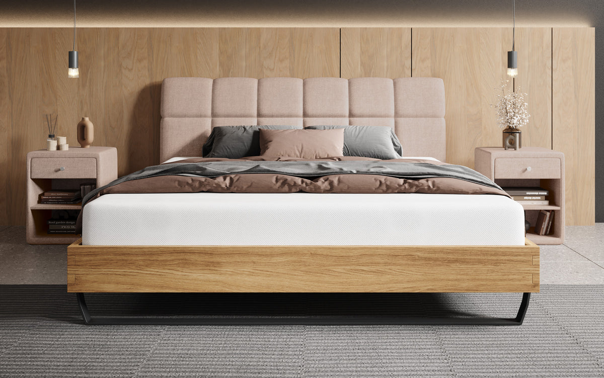 Boxspringbett Levio Leinen-Optik in Beige (Beverly 1) – Milieu frontal