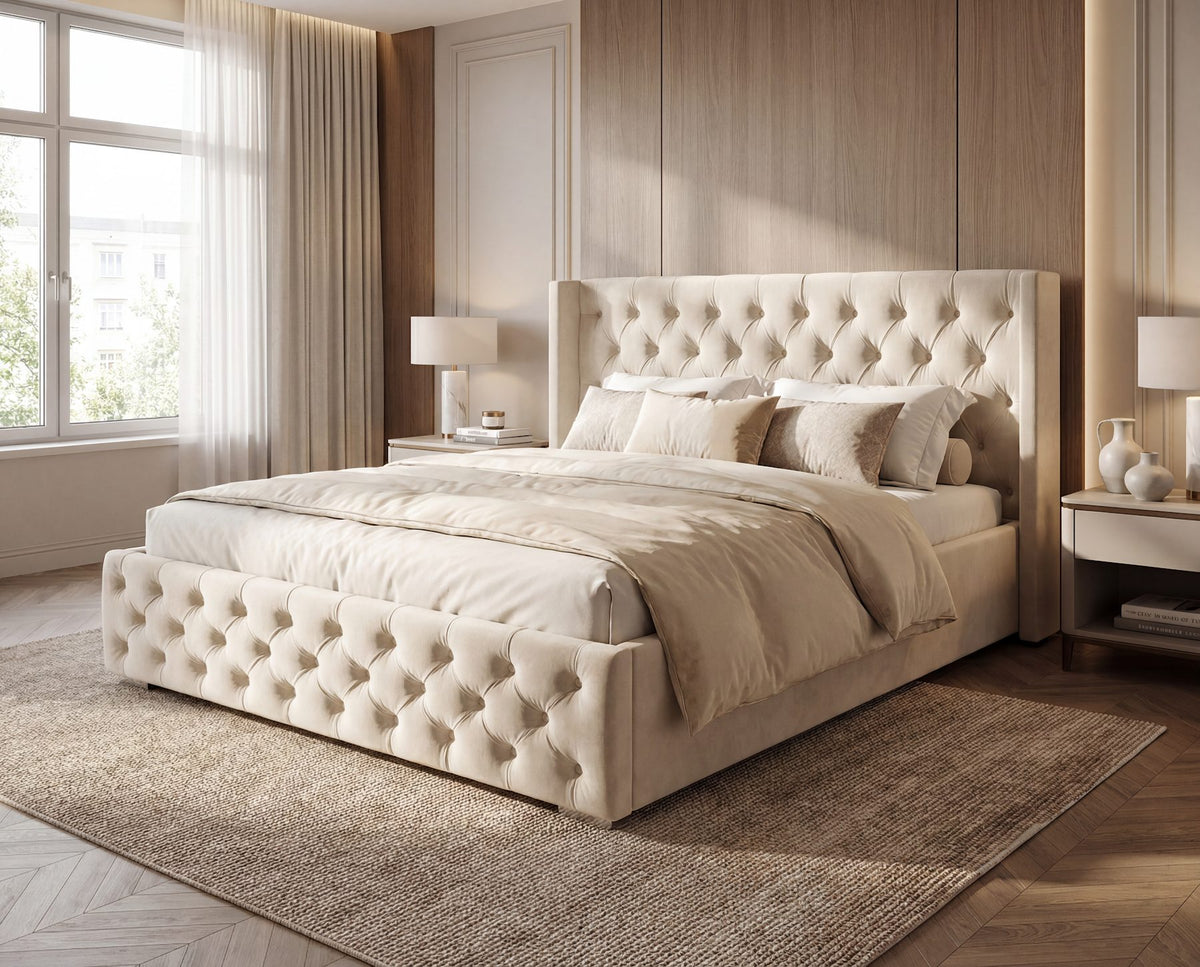Designer Polsterbett Marlo in Samt – Beige