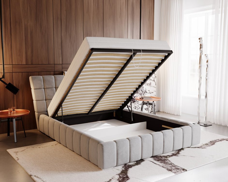 Designer Polsterbett Adore aus Samt mat Stauraum