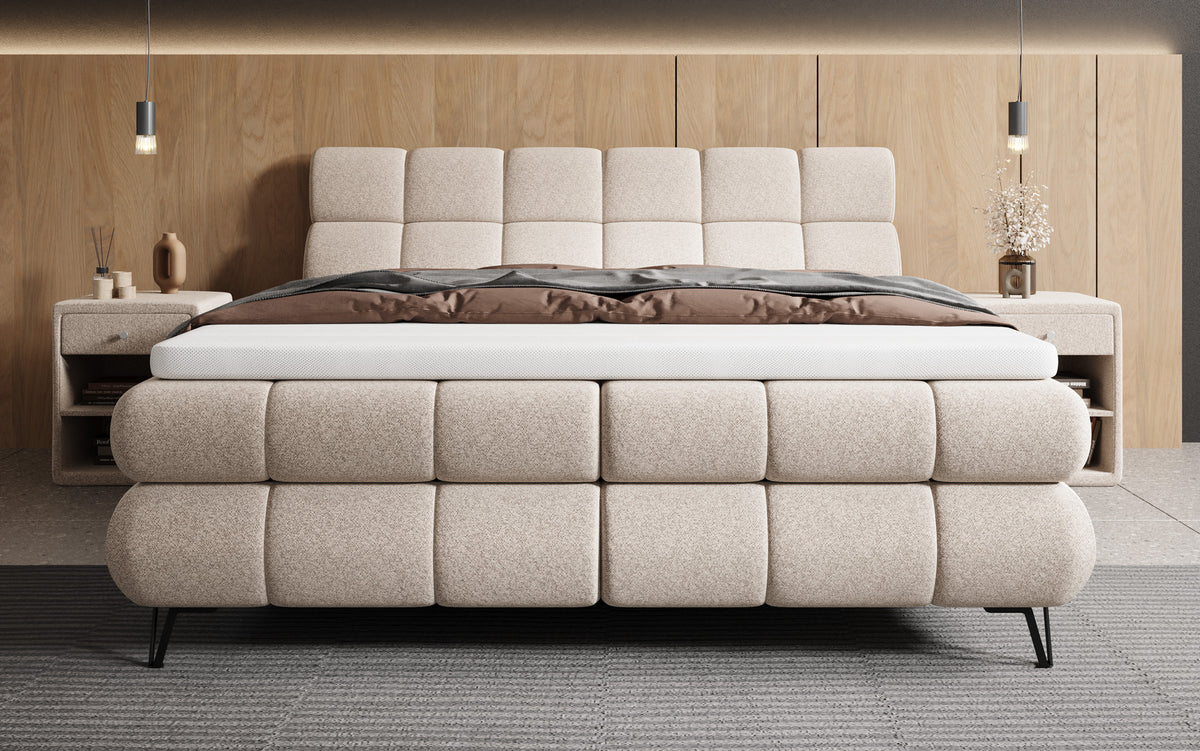 Boxspringbett Milla Strukturstoff in Beige (Raven 24) – Milieu frontal