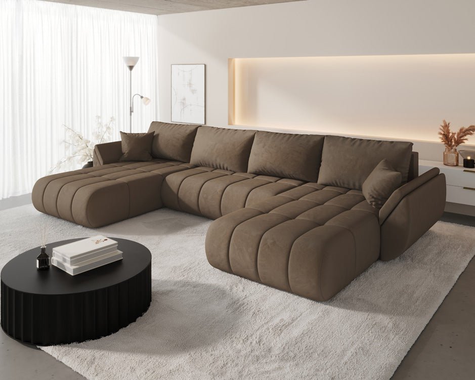 Designer Sofa Lenoa U mat Schloof- an Zouschloof-Funktioun a Samt
