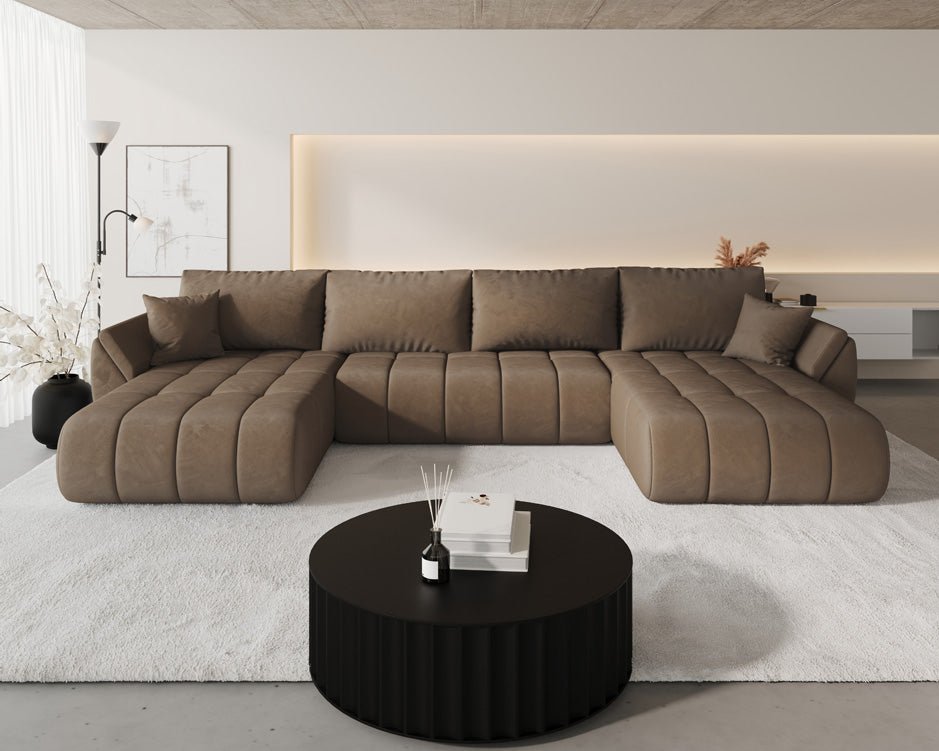 Designer Sofa Lenoa U mat Schloof- an Zouschloof-Funktioun a Samt