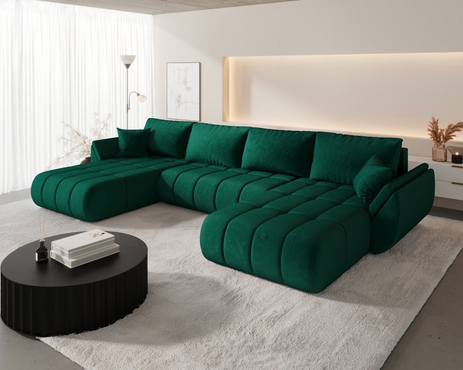 Designer Sofa Lenoa U mat Schloof- an Zouschloof-Funktioun a Samt