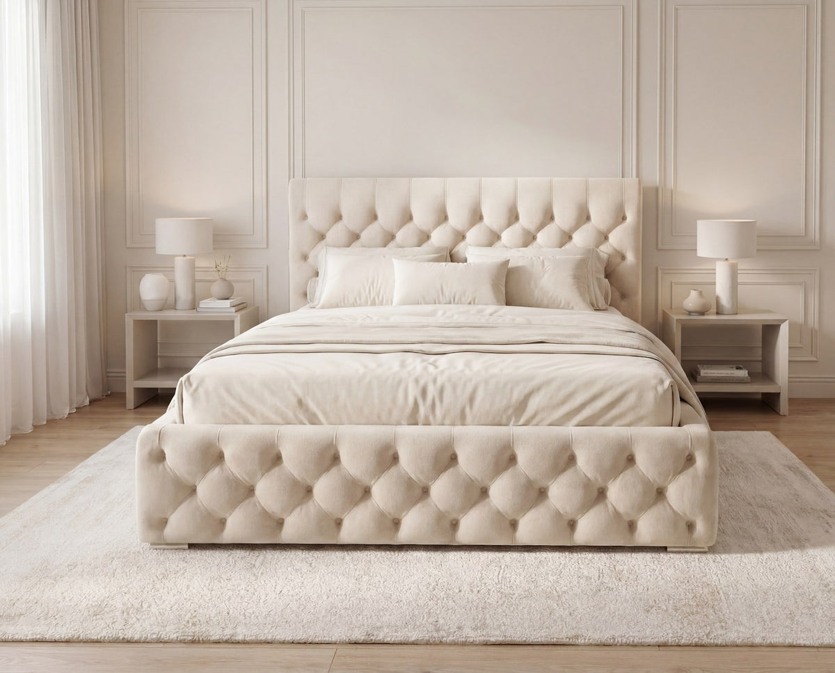 Designer Polsterbett Rivo in Samt mit Stauraum – Beige