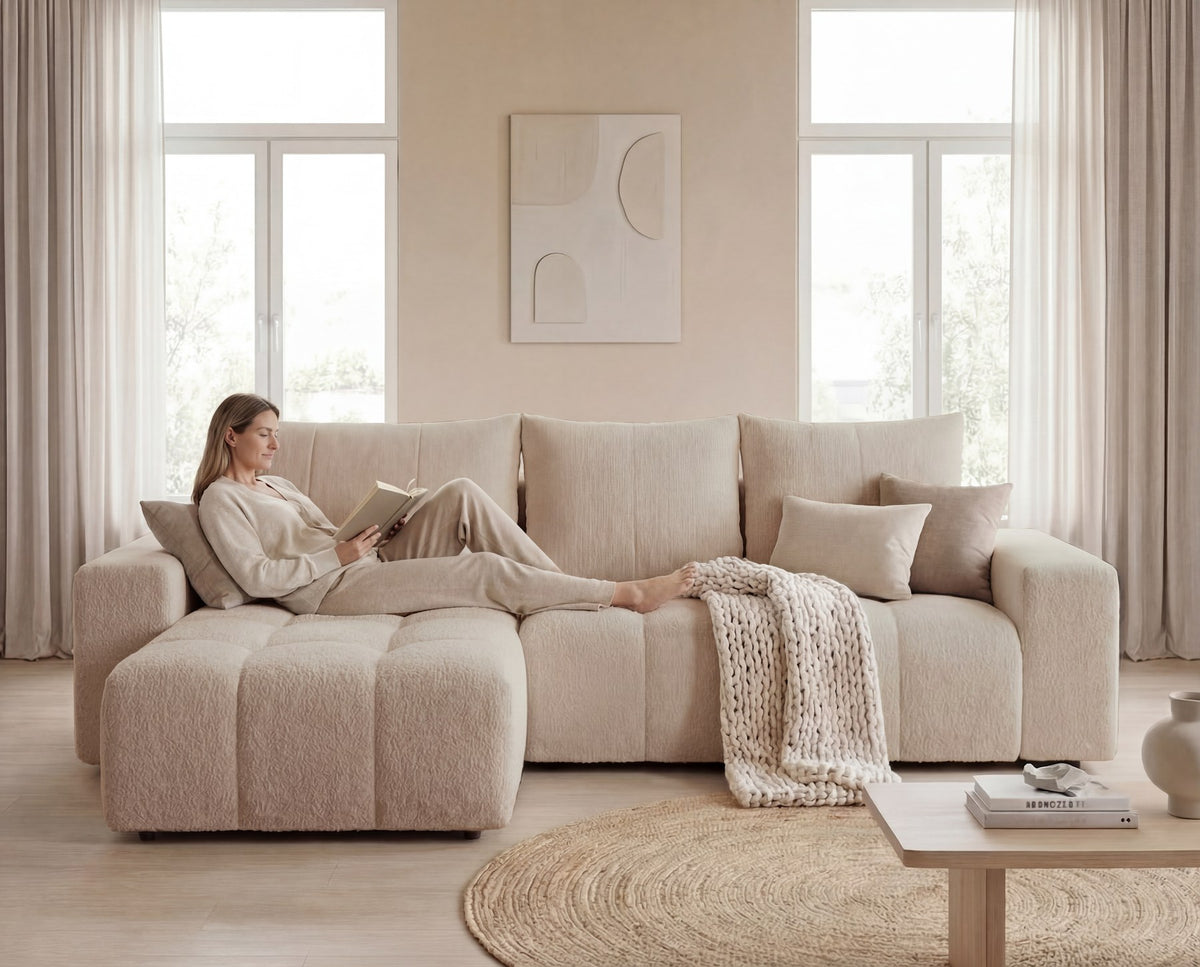 Designer Ecksofa Arvo in Bouclé mit Schlaffunktion & Stauraum – Beige – Links