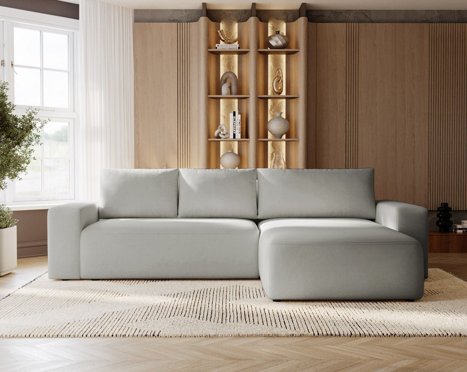 Designer Sofa Celina Samt mat Schlooffunktioun an Stauraum