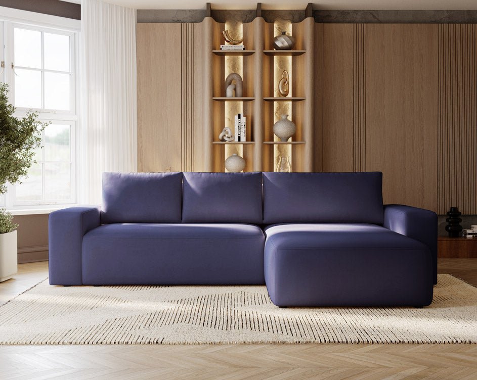 Designer Sofa Celina Samt mat Schlooffunktioun an Stauraum