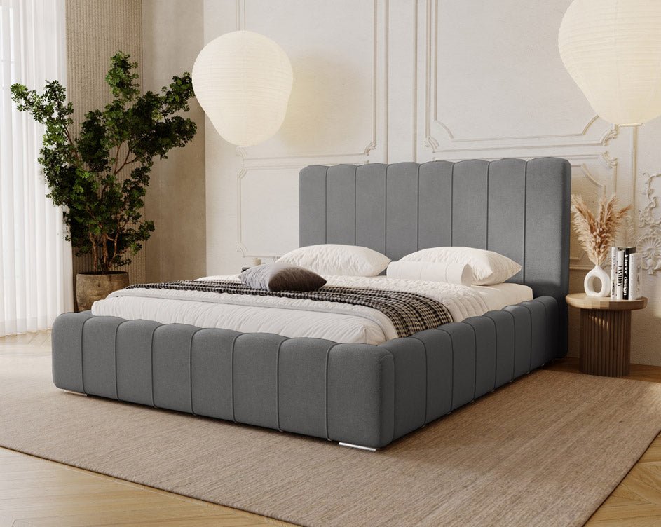 Designer Polsterbett Alvano aus Samt mat Stauraum