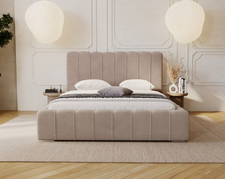 Designer Polsterbett Alvano aus Samt mat Stauraum