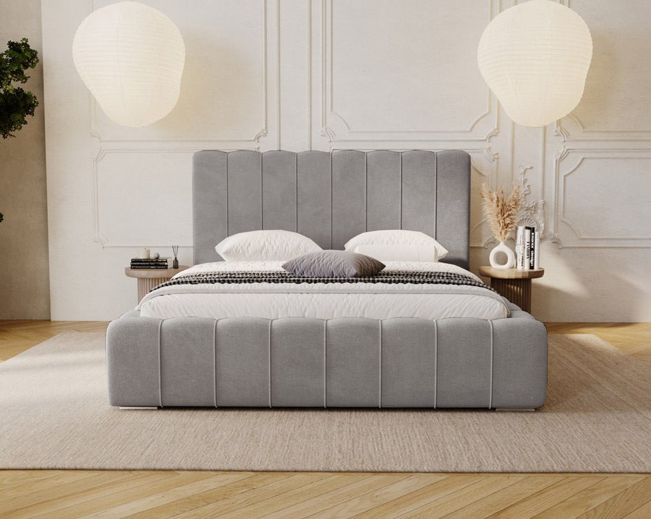 Designer Polsterbett Alvano aus Samt mat Stauraum