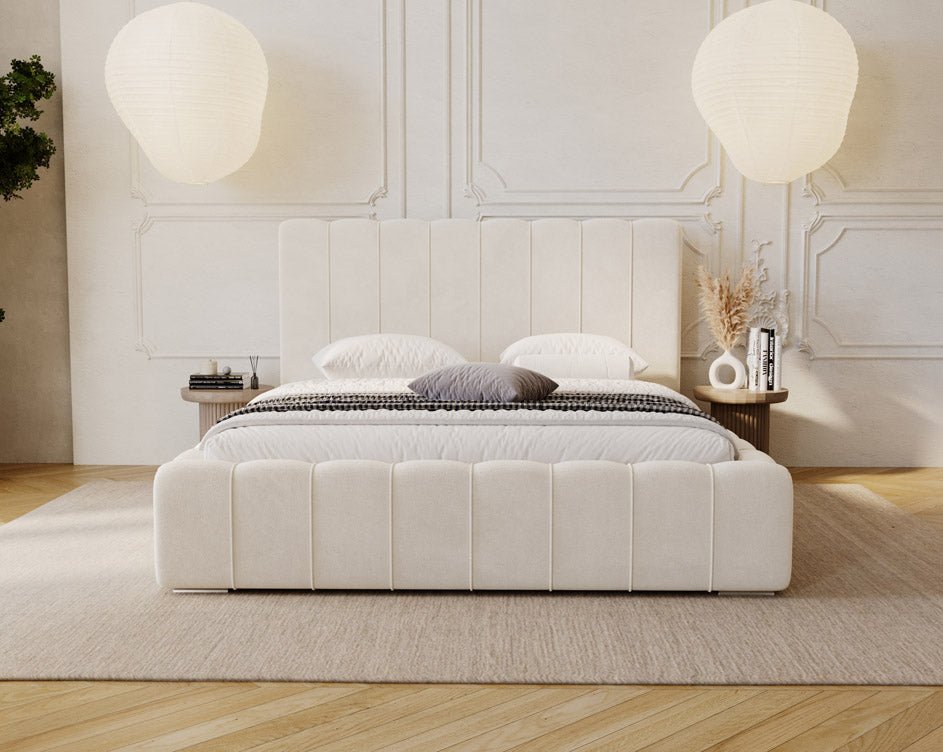 Designer Polsterbett Alvano aus Samt mat Stauraum