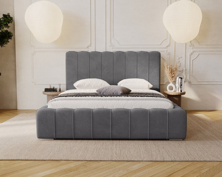 Designer Polsterbett Alvano aus Samt mat Stauraum