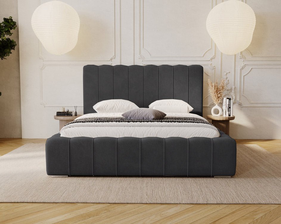 Designer Polsterbett Alvano aus Samt mat Stauraum