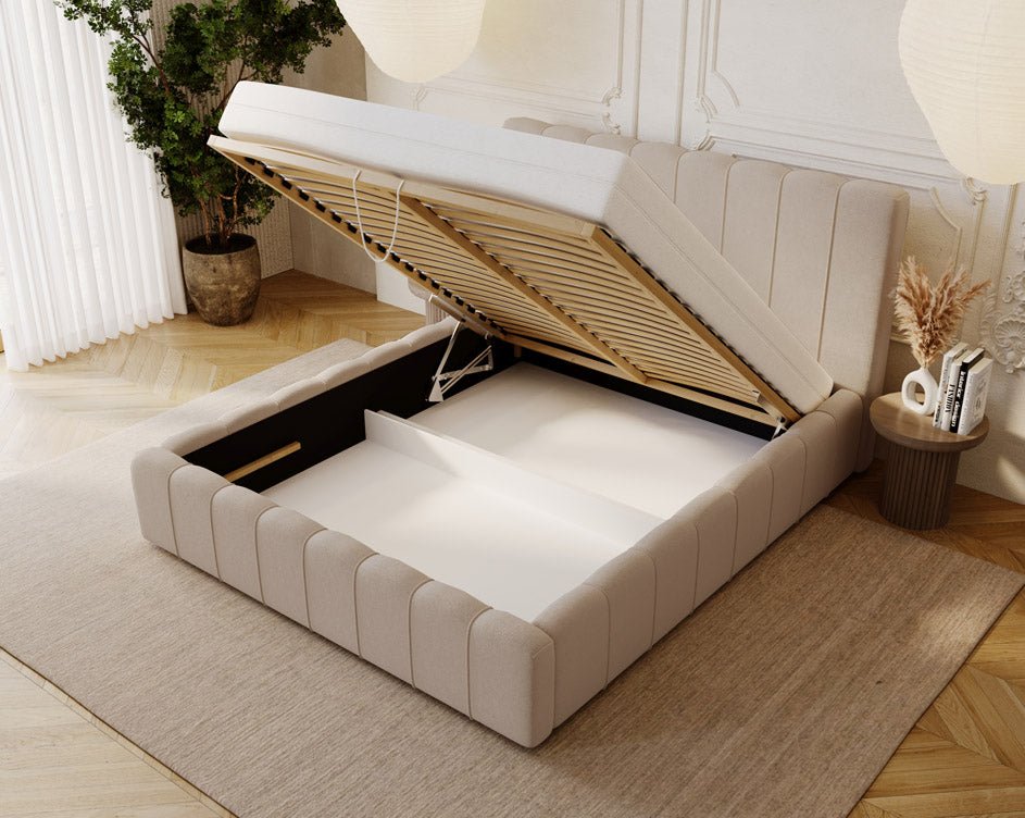 Designer Polsterbett Alvano aus Samt mat Stauraum