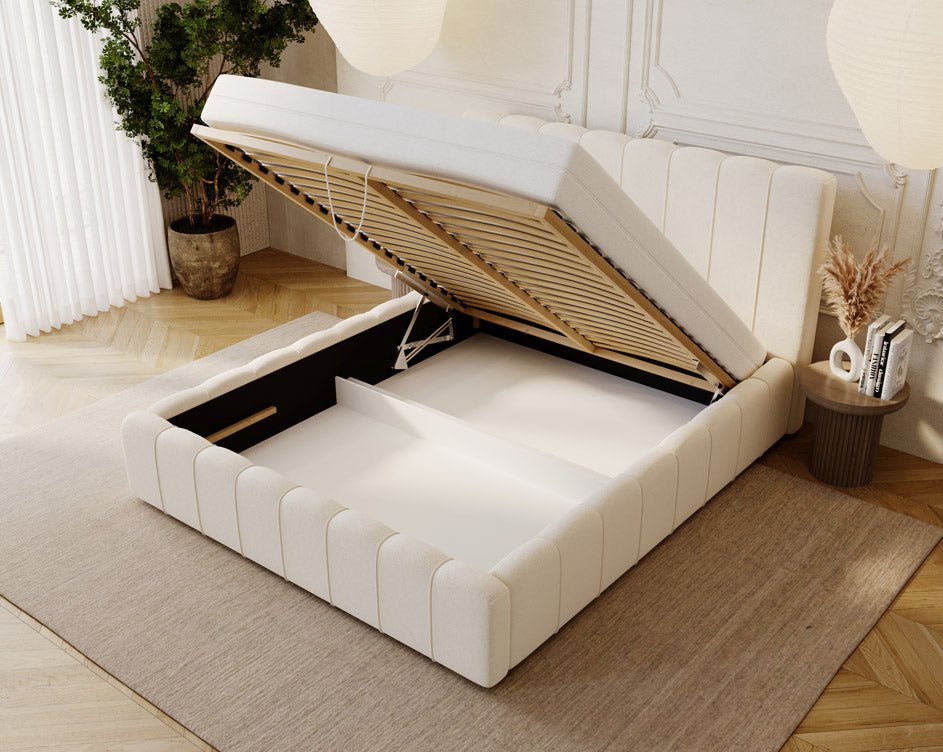 Designer Polsterbett Alvano aus Samt mat Stauraum