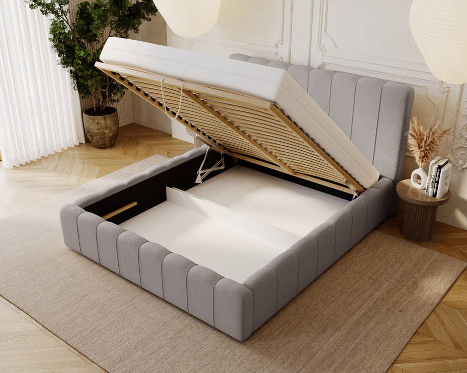 Designer Polsterbett Alvano aus Samt mat Stauraum