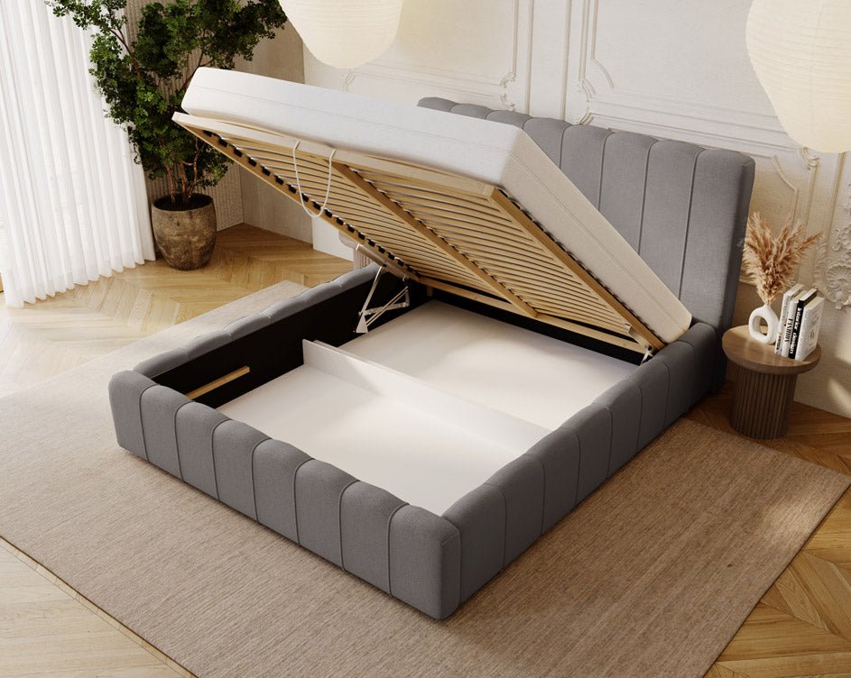 Designer Polsterbett Alvano aus Samt mat Stauraum