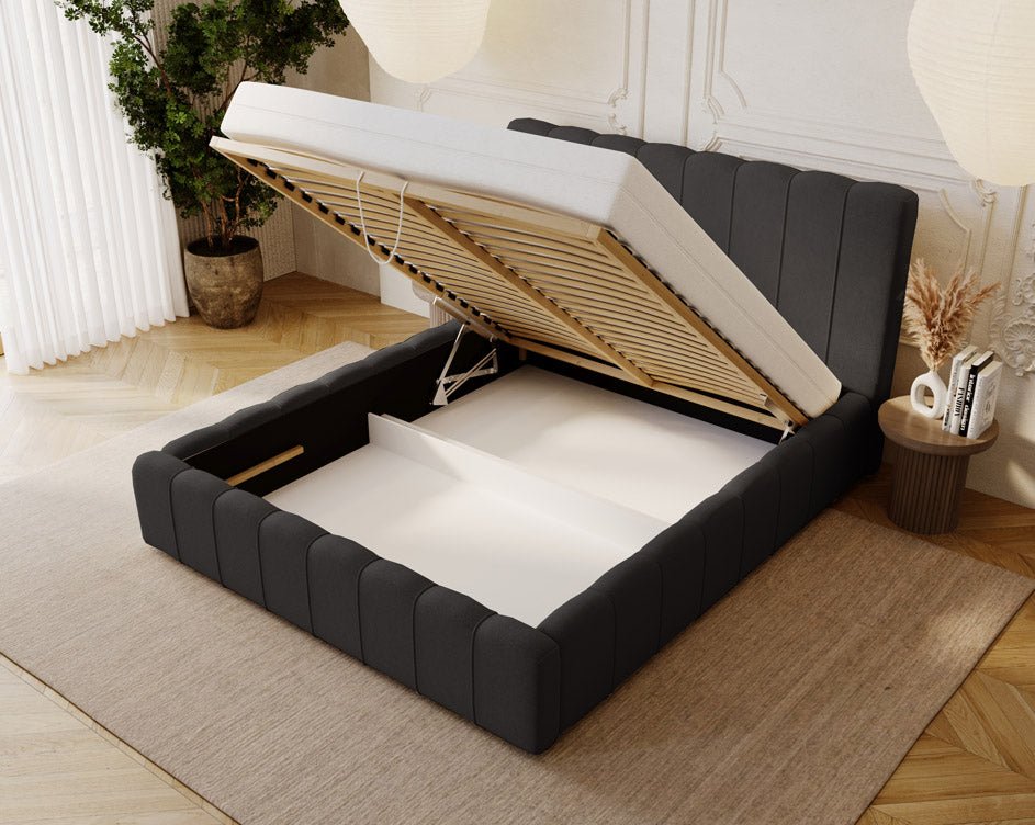 Designer Polsterbett Alvano aus Samt mat Stauraum