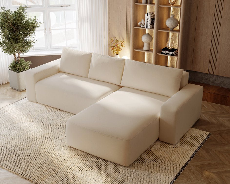 Designer Sofa Celina Samt mat Schlooffunktioun an Stauraum