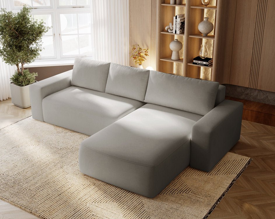 Designer Sofa Celina Samt mat Schlooffunktioun an Stauraum