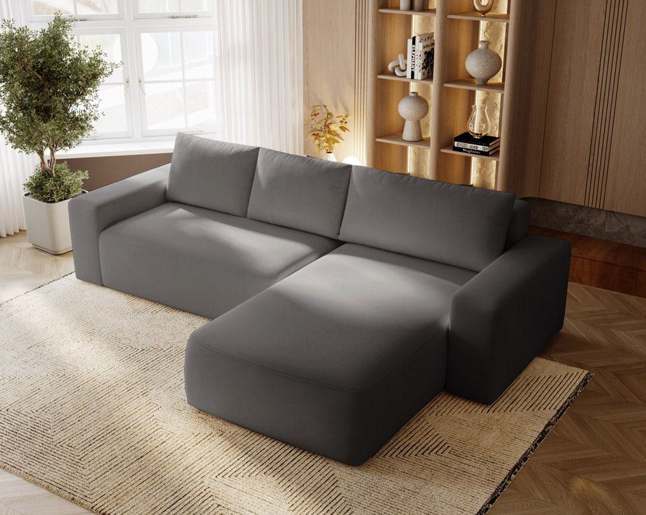 Designer Sofa Celina Samt mat Schlooffunktioun an Stauraum
