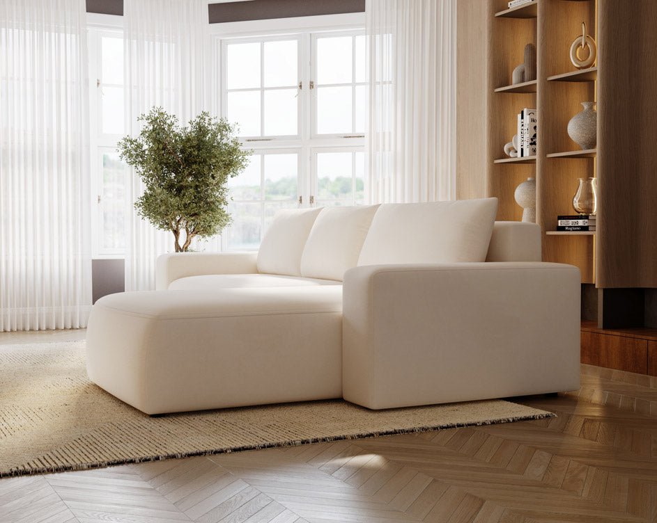 Designer Sofa Celina Samt mat Schlooffunktioun an Stauraum