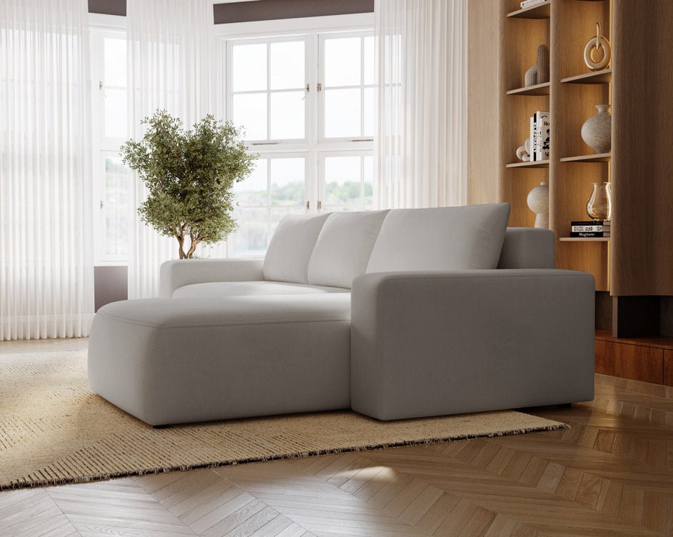 Designer Sofa Celina Samt mat Schlooffunktioun an Stauraum