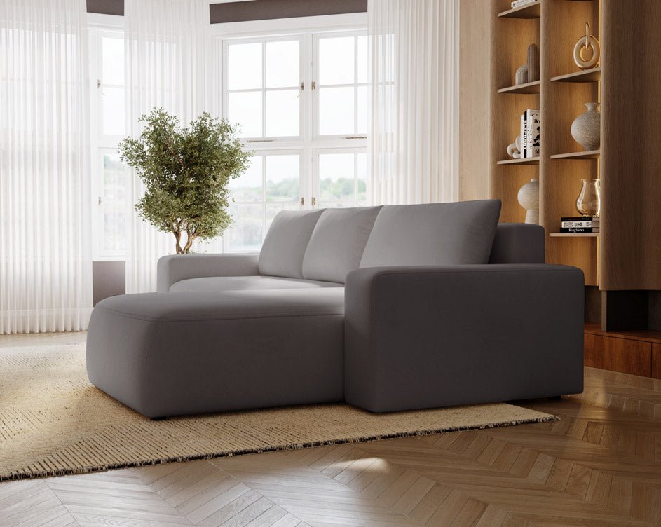 Designer Sofa Celina Samt mat Schlooffunktioun an Stauraum