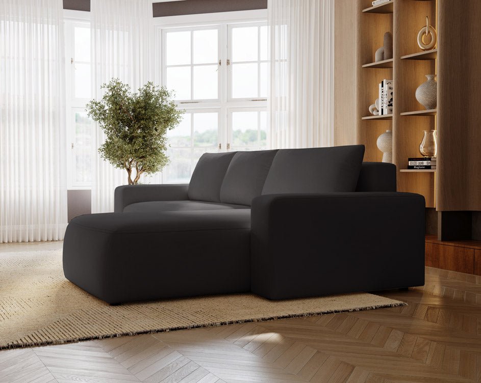 Designer Sofa Celina Samt mat Schlooffunktioun an Stauraum