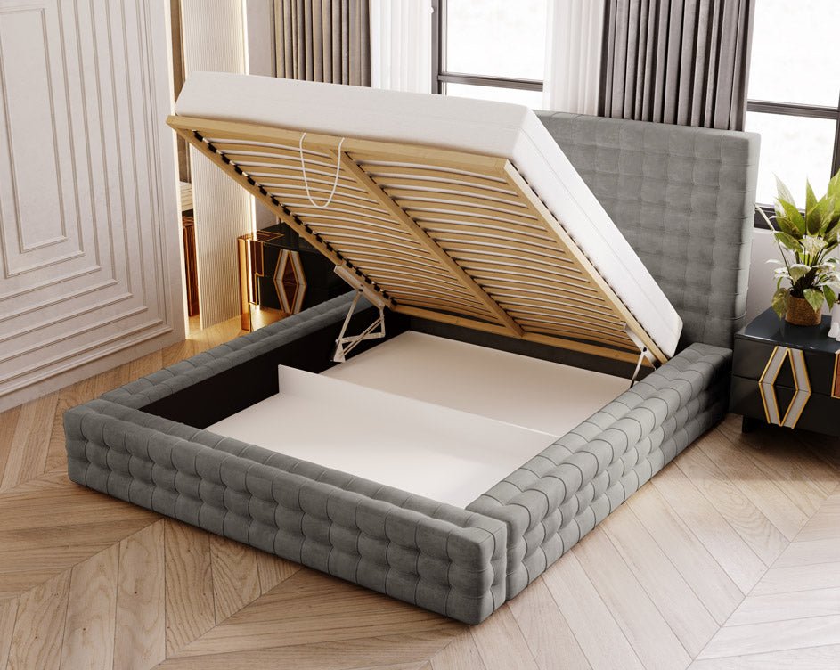 Designer Polsterbett Cloud aus Samt mat Stauraum