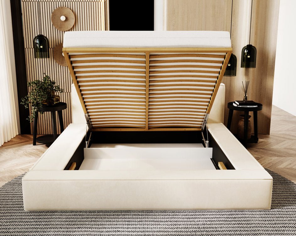 Designer Polsterbett Sleepy aus Samt mat Stauraum