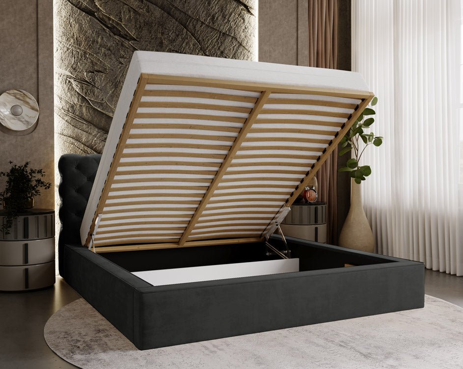 Designer Polsterbett Florentina aus Samt mat Stauraum