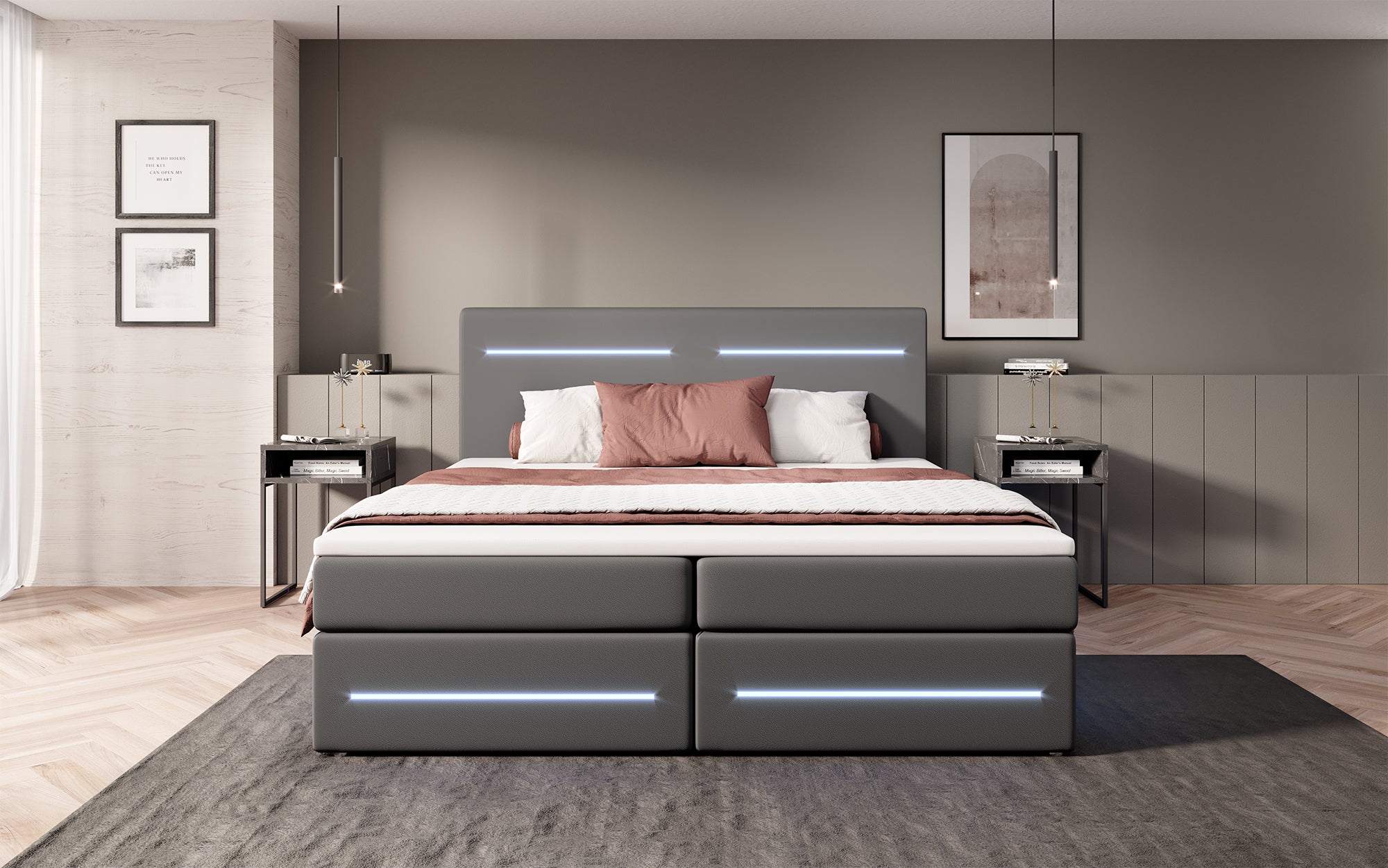 Boxspringbett Evelyn mat Späicherplatz an LED (Konschtlieder)