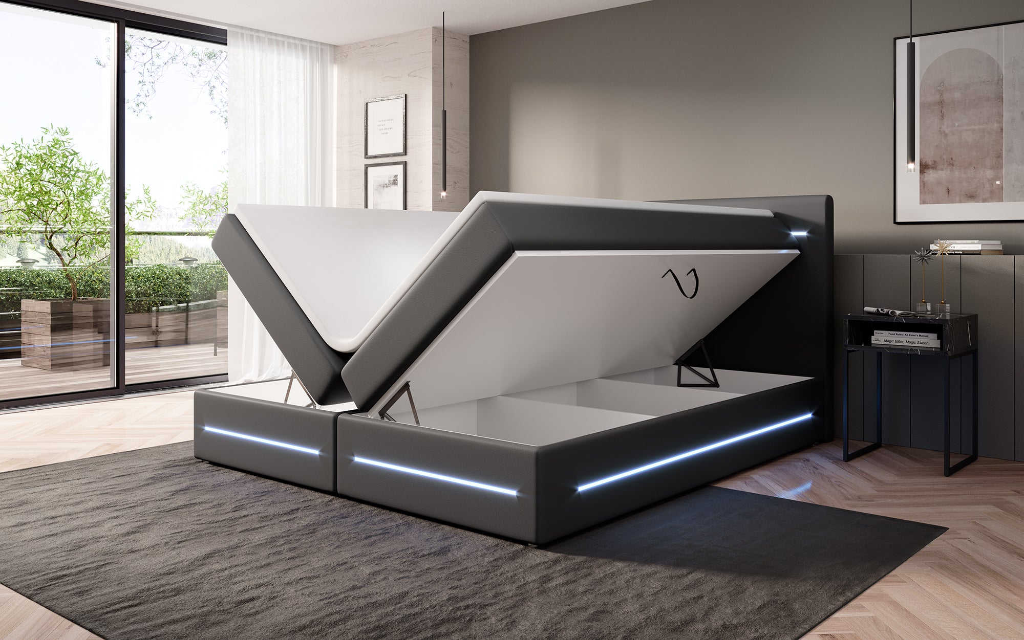 Boxspringbett Evelyn mat Späicherplatz an LED (Konschtlieder)