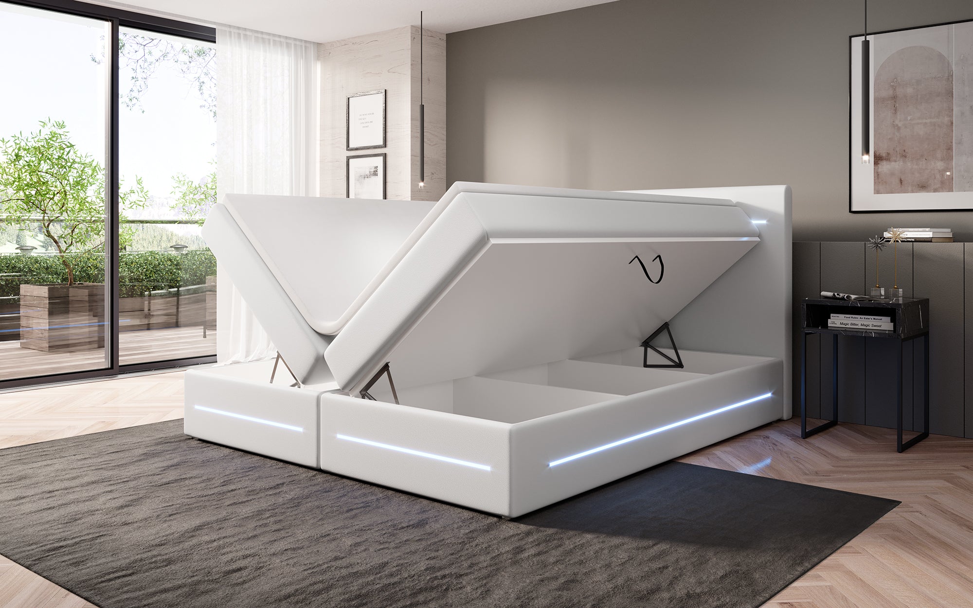 Boxspringbett Evelyn mat Späicherplatz an LED (Konschtlieder)